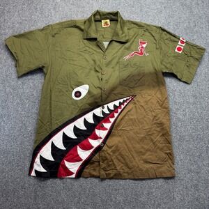 Max Boxxer USA Mens Large Olive Shark Mouth Flying Tiger Pin Up Military Shirt